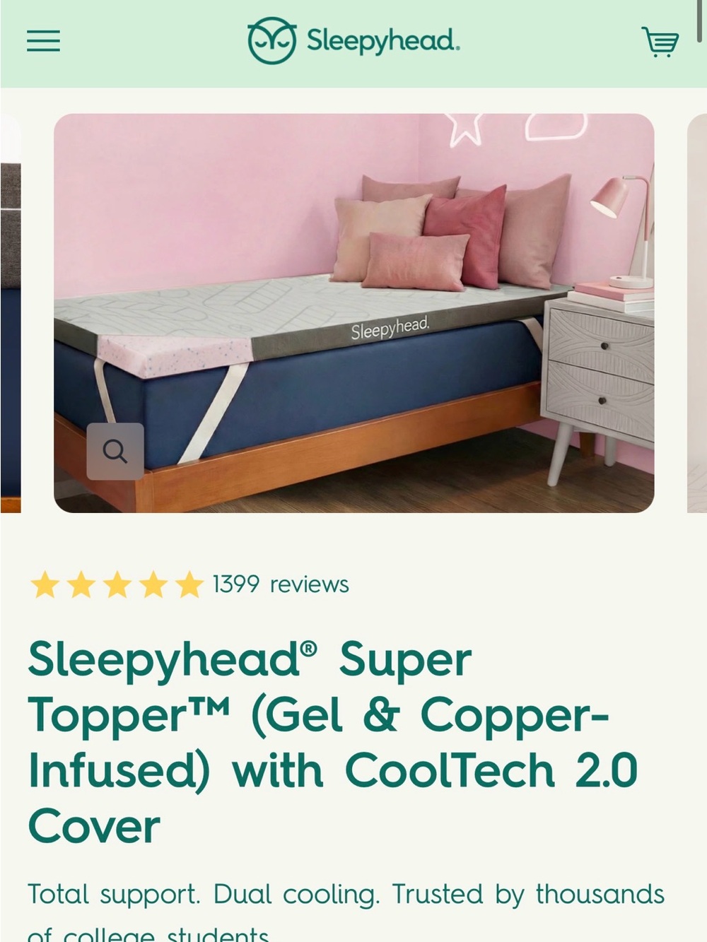 Sleepyhead Super Topper with CoolTech 2.0 Cover - Pink & Gray